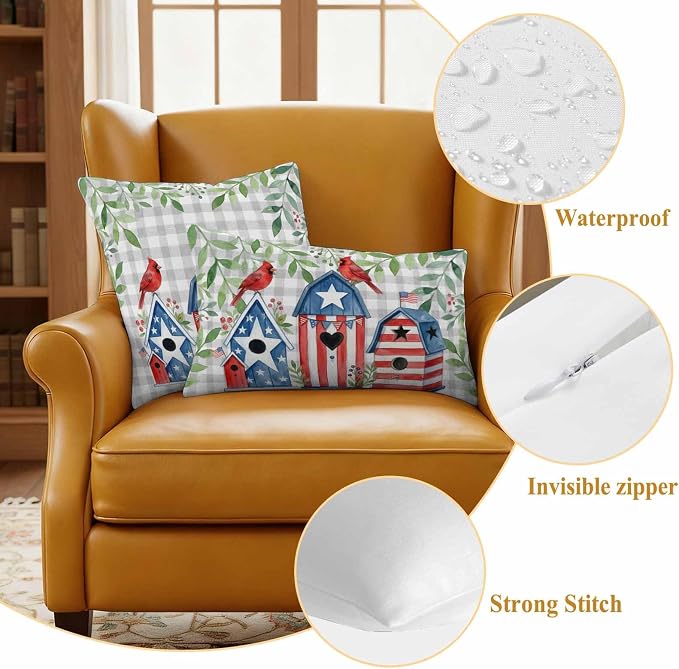 American Flag Bird House Outdoor Pillow Covers Waterproof, All Weather Cushion Case Set of 2, Green Eucalyptus Grey Plaid 250th Lumbar Pillowcase for Sofa Couch Bed Decor Patio Furniture 20"x12"