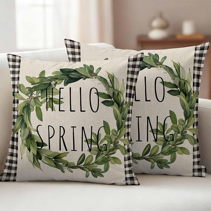 Hello Spring Outdoor Pillow Covers Pack of 2 Green Leaf Plant Black Plaid Vintage Linen Texture Waterproof Throw Pillow Covers Decorative Cushion Cases for Patio Garden Tent Balcony Couch 24x24 inch