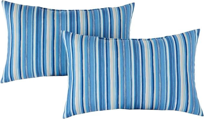 Set of 2 Outdoor Throw Pillows 19 x 12 Inch – Reversible Rectangle Patio Accent Pillows – Weather-Resistant Polyester Fabric – Eco-Friendly Recycled Polyfiber Fill – Sapphire Stripe