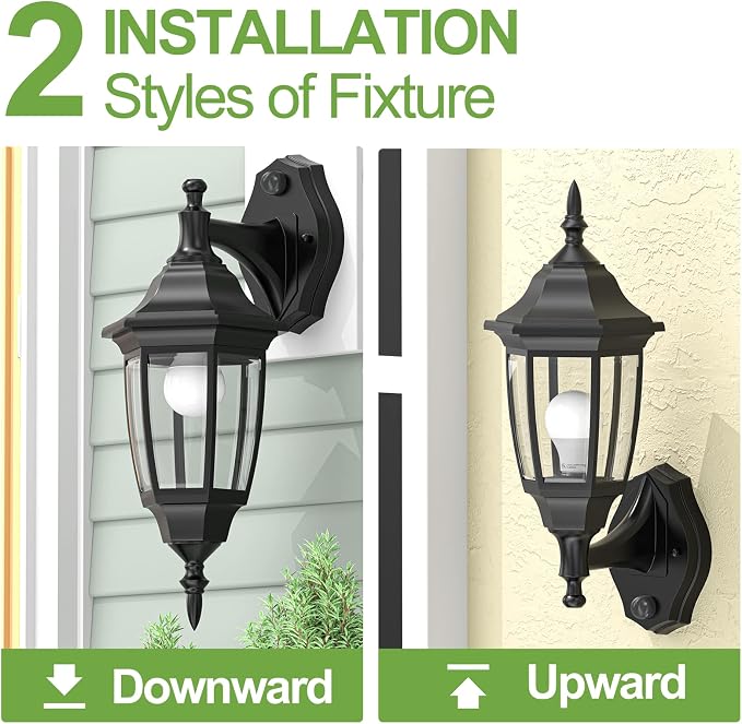 EMART Dusk to Dawn Plastic Outdoor Wall Light Fixtures(2 Pack, Black) | Include Bulbs, Waterproof and Anti-Corrosion, Wall Mount Porch Sconces for Outside, Garage, Front Door, House, Patio