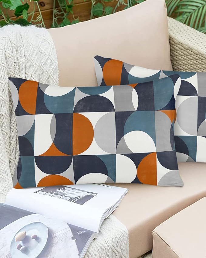 Vandarllin Outdoor Throw Pillows Covers 20x12 inch Set of 2 Waterproof Mid Century Geometric Decorative Zippered Cushion Covers for Patio Furniture, Abstract Modern Orange Blue Lumbar Pillowcases