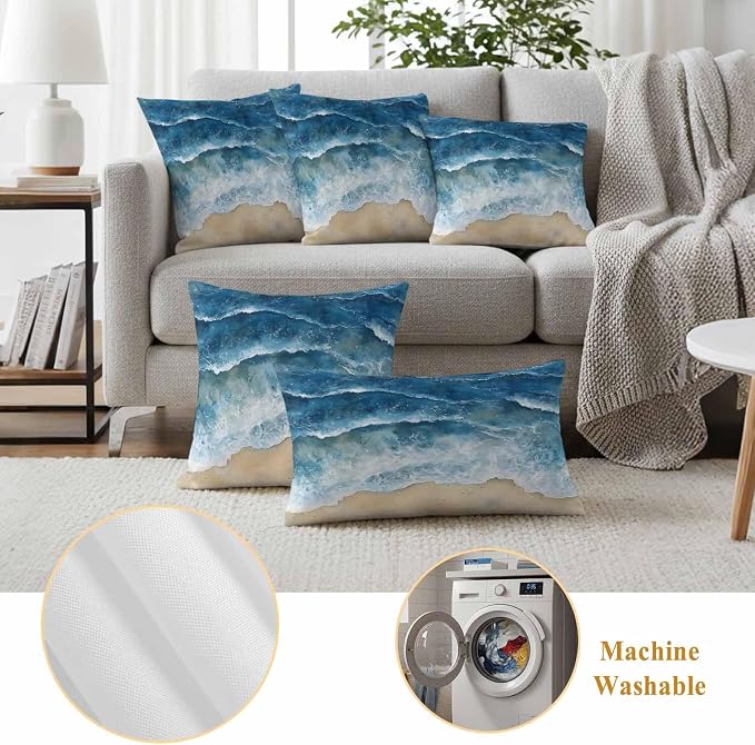 Abstract Waves Outdoor Waterproof Throw Pillow Covers Set of 2, 16"x16", Blue Ocean Spray Beach Watercolor Decorative Pillow Covers Outside Cushion Case for Patio Porch Garden