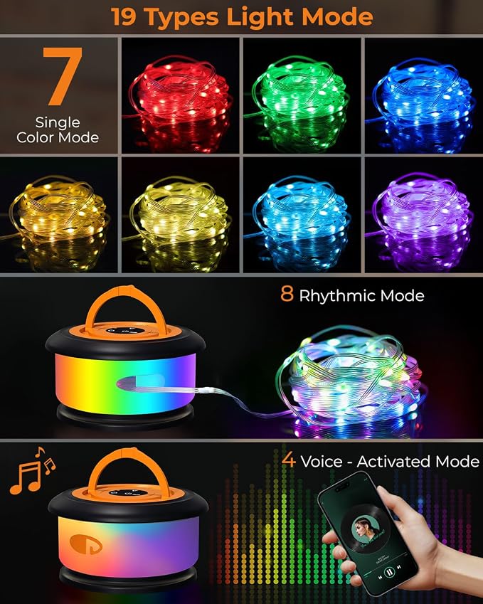 2-Pack Camping String Lights, Retractable 4 in 1 Camp Lights | 32.8FT Rechargeable Fairy Lamp Outdoor Waterproof, RGB Portable Hanging Lantern for Outside Tent Patio Awning RV Essentials