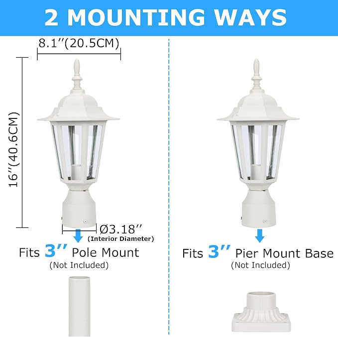 Outdoor Post Light, Rustproof Aluminum Pole Lamp, White | Exterior Lamp Post Light Fixture for Garden, Yard, Pathway, Waterproof, Glass, E26 Base, Max 60W, 2 Pack