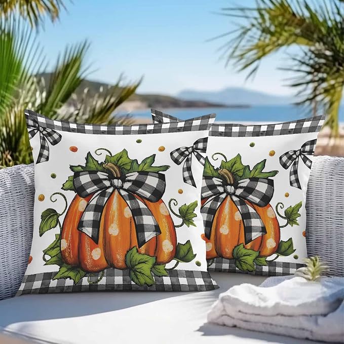 Orange Pumpkins Outdoor Waterproof Pillow Covers, Polka Dot Bow Fall Maple Leaves Plaid Decorative Square Throw Pillowcase Sofa Cushion Sham for Patio/Couch/Chair, 16"x16" 2 Pack