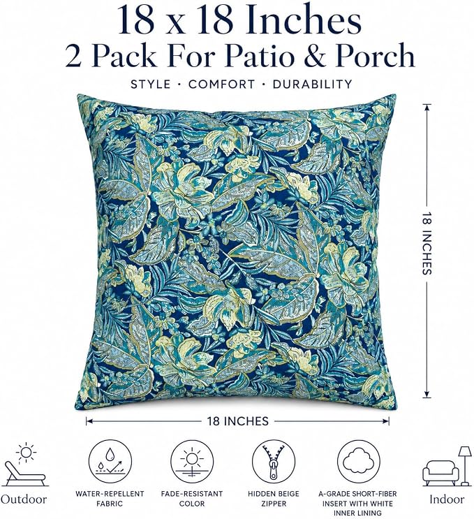 Outdoor/Indoor Decorative Throw Pillows 18×18 Inch | Pack of 2 Waterproof Decorative Throw Pillows with Inserts, Square Pillows for Bed, Couch, Sofa and Patio Furniture