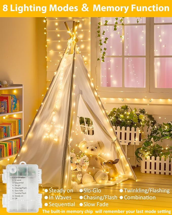 2 Pack 200 LED Fairy Lights Battery Operated with Remote, 66 FT Warm White | Cuttable, 8 Modes, Memory, Dimmable, Waterproof Battery String Lights with Timer for Indoor Outdoor, Christmas Decorations
