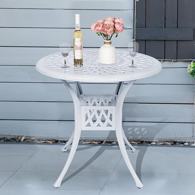 MEETWARM 31" Round Patio Bistro Table, Outdoor Cast Aluminum Small Dinning Table with 2" Umbrella Hole, White