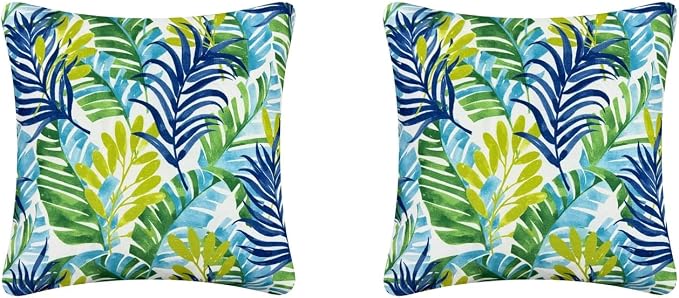 Pack of 2 Outdoor Waterproof Decorative Throw Pillow Covers for Patio Furniture, 18x18 Inch Square Fade Resistant Patio Garden Cushion Covers for Couch Bed Sofa, Leaves Blue and Green