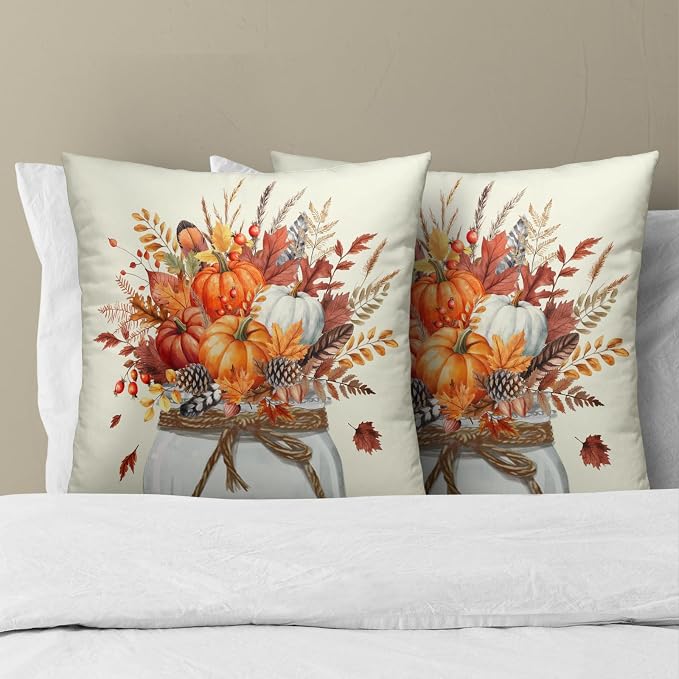 Vintage Pumpkin Throw Pillow Covers 18x18 Inch Set of 2, Rustic Fall Orange Floral Vase Square Pillowcases Cotton Cushion Cover for Couch Sofa Bedroom Porch Cabin Patio Decor