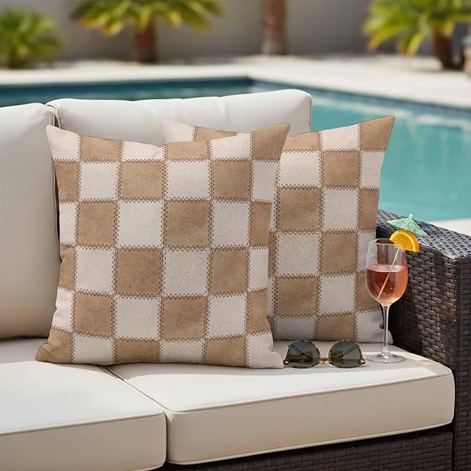 Brown Beige Checkered Outdoor Pillow Covers 20x20 Inch Throw Pillow Covers Set of 2 Waterproof Decorative Pillow Cases Modern Farmhouse Plaid Burlap Cushion Covers for Patio Furniture Garden Couch