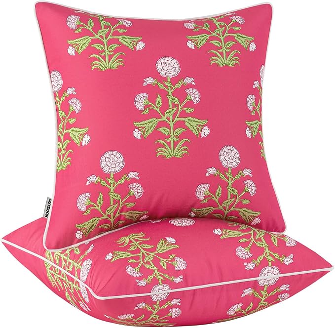 MIULEE Floral Outdoor Pillows Covers with Inserts 18x18 Hot Pink | Set of 2 Waterproof Decorative Throw Pillows with Piping,Vintage Fade Resistant, Patio Furniture Summer Garden Couch Sofa