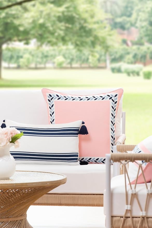 Hofdeco Premium Coastal Patio Indoor Outdoor Throw Pillow Cover Only, 20"x20" Water Repellent for Backyard, Couch, Blush Pink Embroidered Frame Leafs with Piping