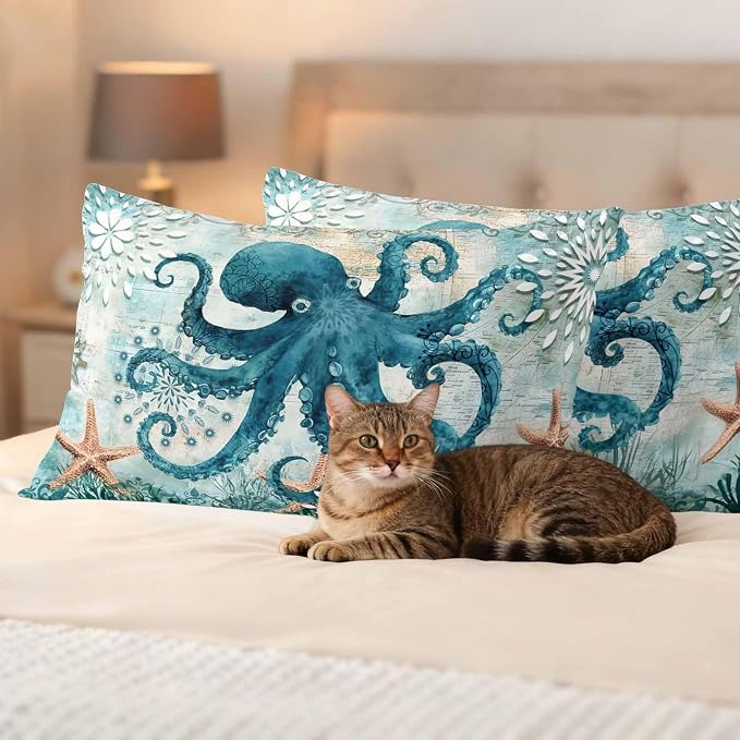 Ocean Creature Outdoor Waterproof Throw Pillow Covers Set of 2, 20"x12", Eight Pawfish Corals Sea Stars Decorative Pillow Covers Outside Cushion Case for Patio Porch Garden