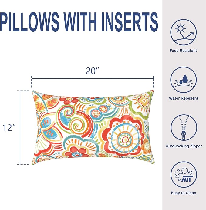Outdoor Lumbar Pillows, Water Repellent Cushion Pillows 12x20 Inch, Outdoor Pillows with Inserts for Home Garden, Pack of 2, Flower Multi