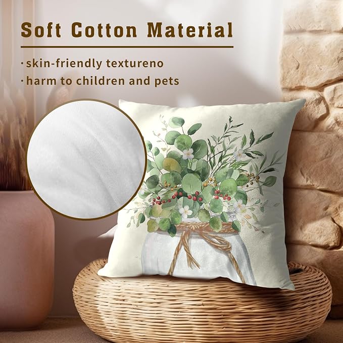 Spring Summer Leaf Pillow Covers 20x20 Inch, Set of 2 Eucalyptus Leaves Floral Sage Green Decorative Throw Pillowcases Square Cushion Cover for Couch Sofa Bed Outdoor Home Decor