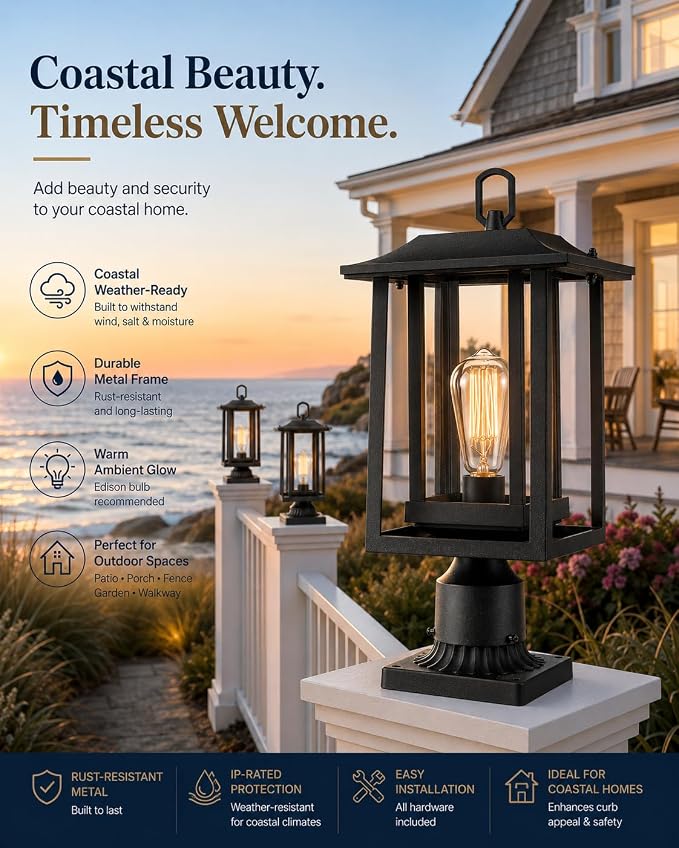 Beionxii Outdoor Post Lights, Large Exterior Lamp Post Light Fixture with Pier Mount Base, Black Cast Aluminum w/Clear Glass (19" x 9") - A197P-2PK (NOT Solar, 110-120V AC)