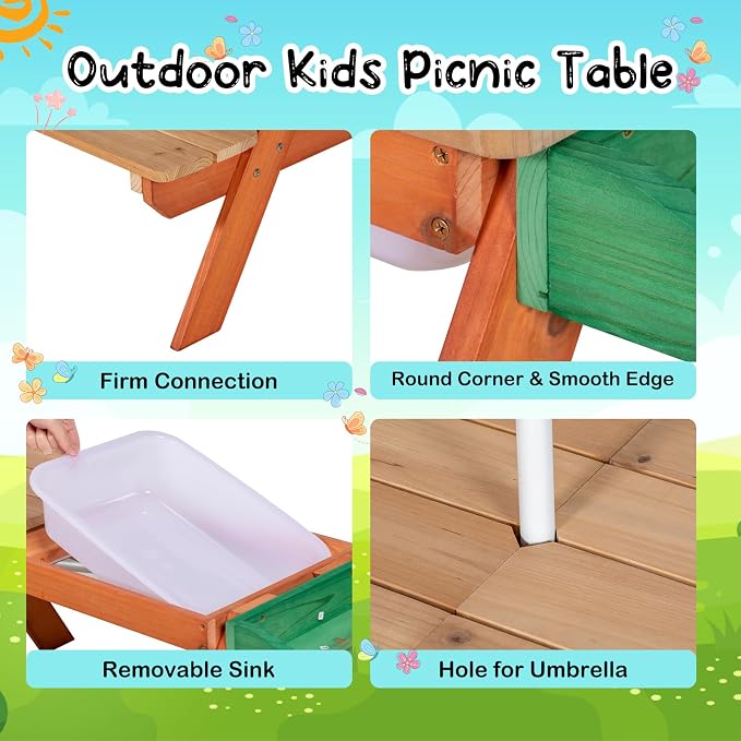 BRINJOY Kids Picnic Table, Outdoor Wooden Table w/Adjustable Umbrella & Garden Bed, 4-in-1 Sand & Water Activity Table w/Built-in Bench & Removable Boxes, Patio, Backyard