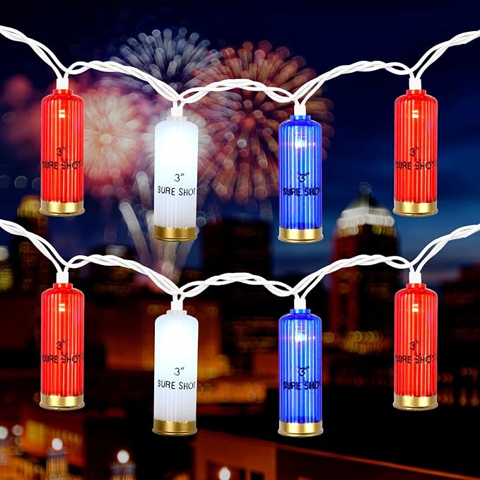 8.5Ft 4th of July String Lights, 10 LED Red White Blue Shotgun Shell Lights | Plug in for Home Classroom Porch Backyards Tree Patriotic Holiday Decorations, Indoor and Outdoor Use