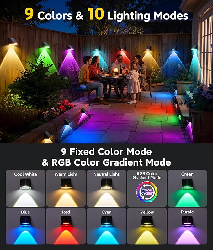 KOOPER Solar Fence Lights Outdoor Waterproof 20 Pack, Solar Fence Lights with Ultra-Bright LED Lens, 10 Modes & 9 Colors Outdoor Solar Lights for Fence, Backyard, Railing, Patio, Wall, Step, Deck