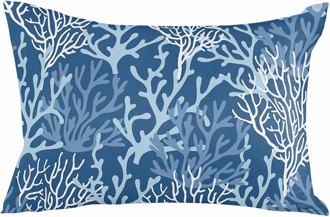 Pack of 2 Outdoor Pillow Covers 20x12 Waterproof Navy Blue Coral Throw Pillow Covers, Decorative Pillowcases Summer Coastal Beach Ocean Cushion Covers for Patio Garden Couch Pillow Case