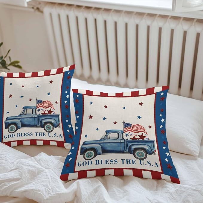 Independence Day Outdoor Pillow Covers Set of 2,Farm Blue Truck American Flag Star Decorative Waterproof Throw Pillow Case, Patriotic Red Plaid Cotton Linen Soft Cozy Cushion Pillowcases 20x20In
