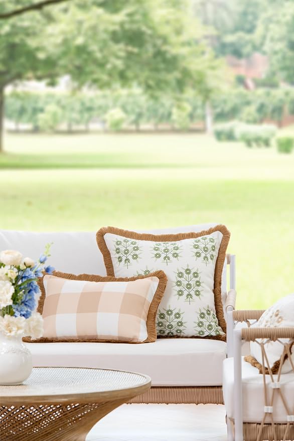 Hofdeco Premium Coastal Patio Indoor Outdoor Lumbar Pillow Cover Only, 12"x20" Water Repellent for Backyard, Couch, Neutral Tan Plaid with Fringe