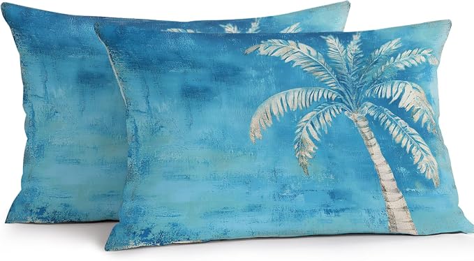 Coastal Beach Tree Blue Outdoor Waterproof Pillow Covers, Vintage Summer Palm Tropical Botanical Decorative Rectangle Throw Pillowcase Sofa Cushion Sham for Patio/Couch/Chair, 20"x12" 2 Pack