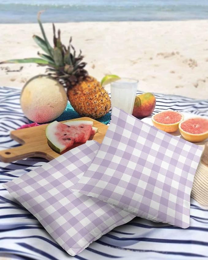 Outdoor Waterproof Throw Pillow Covers Set of 2 Lavender Buffalo Check Plaid Pillowcases 24x24 Inches Farmhouse Style Patio Decorative Pillows Cushion Case Patio Pillows for Couch Bed Chair Garden