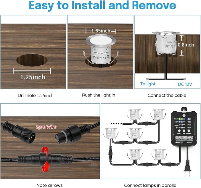 HIBOITEC Low Voltage Deck Lights Recessed Kit 3CCT 2700K-5000K with Transformer Dimmable Timer and Photocell Sensor Outdoor LED Deck Lighting IP67 Waterproof for Stair Step Yard 10 Packs