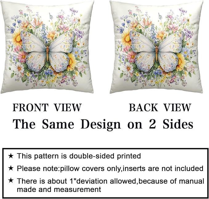 Colorful Butterfly Floral Pillow Covers Spring Summer Throw Pillow Covers 18x18 Set of 2 Sunflower Daisy Wildflowers Farmhouse Pillow Cases for Home Living Room Sofa Couch Decor