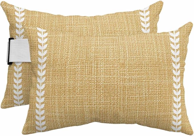 Fall Simple Botanical Outdoor Lumbar Pillows 11x16 Set of 2, Modern Rustic Leaf Stripes Yellow Waterproof Throw Pillow Covers with Insert, Decorative Pillowcase Cushion for Couch Sofa Bed