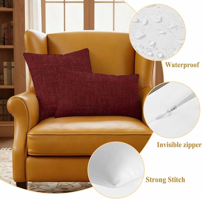 Outdoor Waterproof Throw Pillow Covers Set of 2 Wine Red Linen Pillowcases 24x24 Inches Farmhouse Pure Color Decorative Pillows Cushion Case Patio Pillows for Couch Bed Chair Garden