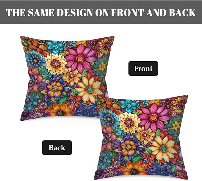 18x18 Inch Outdoor Pillow Covers Set of 2 Waterproof Throw Pillow Covers Decorative Couch Cushion Covers Bright Floral Mandala Square Pillowcases Protectors for Patio Garden Sofa