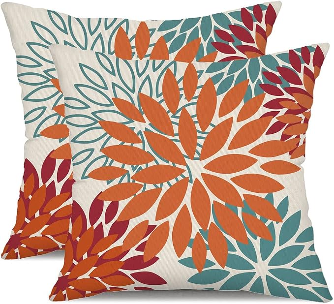 DFXSZ Outdoor Waterproof Pillow Covers 20x20 Set of 2 Orange Teal Flower | Spring Summer Waterproof Flower Throw Pillowcases（No Inserts）Outdoor Decor for Fall Patio Funiture Garden Polyester Covers