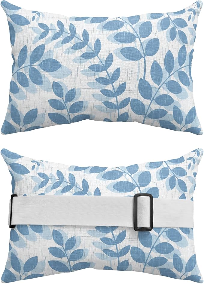 Chaise Lounge Headrest Pillow 2 Pack, Lake Blue Leaves Waterproof Chair Pillows with Insert & Adjustable Elastic Strap for Beach Recliner, Summer Farmhouse Botanical Boho Branch Outdoor Patio Pillow