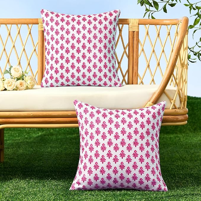 Outdoor Pillow Covers 18x18 Set of 2 Boho Hot Pink Floral Accent Print Decorative Throw Pillow Cases for Outdoor Waterproof Patio Furniture Garden Porch Sofa Bed Cushion Covers Home Decor JB005-F18