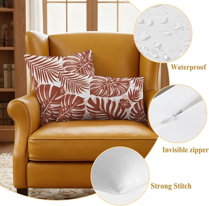 Copper Palm Leaves Outdoor Pillow Covers 16"x16" Set of 2, Tropical Botanical Minimalist Modern Waterproof Throw Pillow Covers for Patio Furniture, Decorative Cushion Covers for Porch