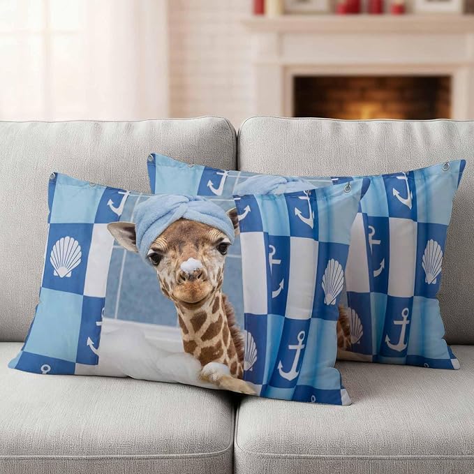 Bathing Giraffe Waterproof Outdoor Pillow Covers Set of 2 Home Decor, Funny Animal Showering Lumbar Pillowcase Patio Pillow Covers for Couch Bench Patio Furniture Garden 20x12in