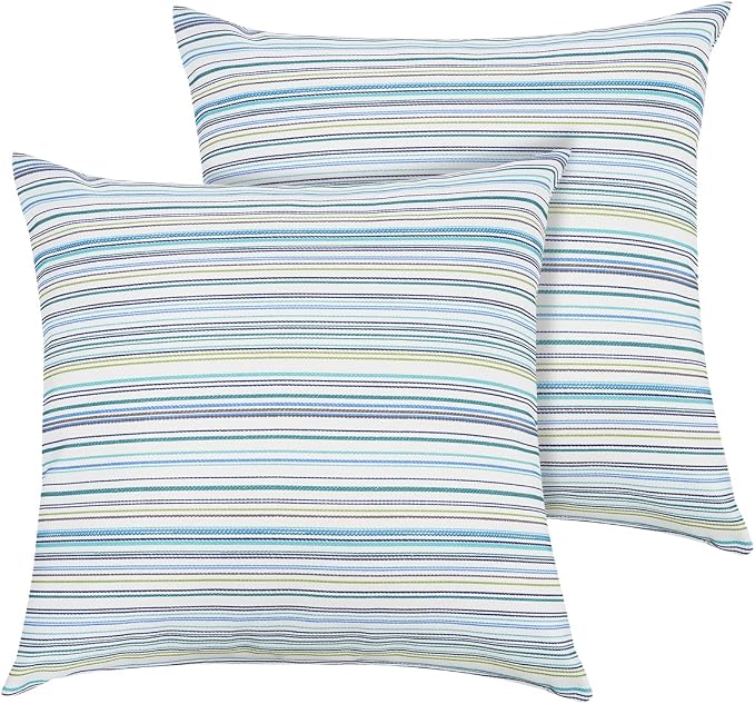 FUNHOME Outdoor Throw Pillows with Insert 18x18 Inch Pack of 2-Blue Stripe | Decorative Throw Pillows with Inserts, Water-Repellent, Square Pillows for Bed, Couch, Sofa and Patio Furniture