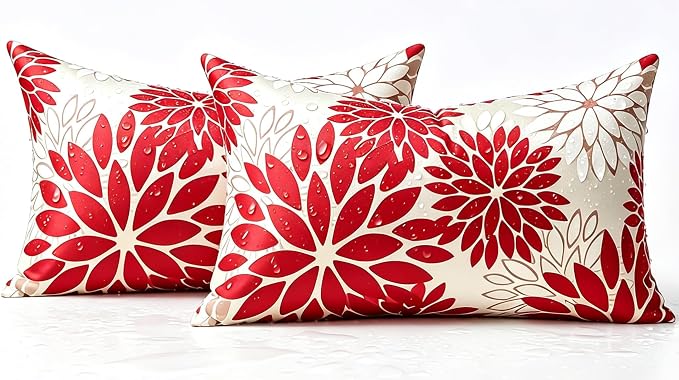 Outdoor Waterproof Pillow Covers Set of 2 Dahlia Decorative Throw Pillow Covers 12x20 Inch Waterproof Cushion Cover Red and Pink Square Pillowcases for Living Room Patio Garden Couch Bench