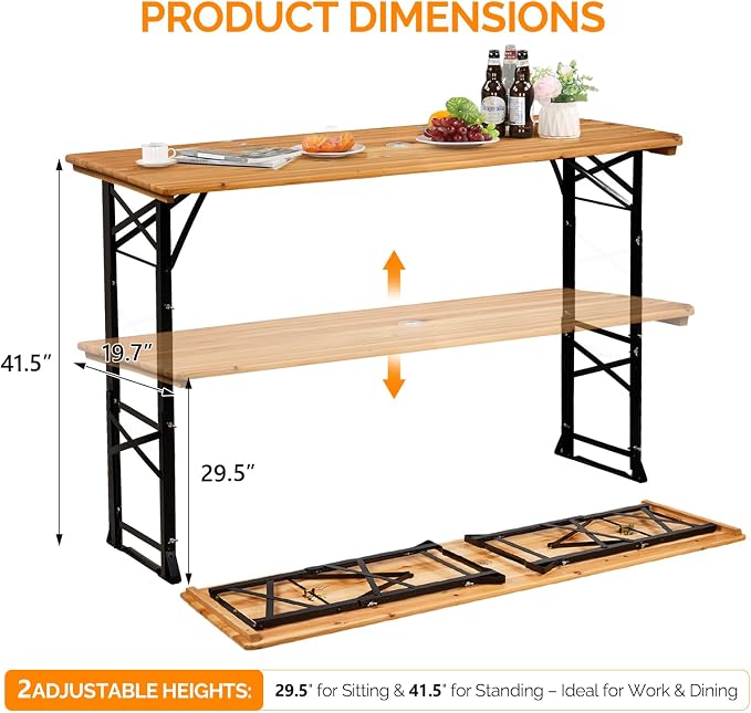VINGLI 67 Inch Wooden Folding Picnic Table, Picnic Beer Table with Umbrella Hole, Adjustable Heights (29.5" Sitting & 41.5" Standing) – Perfect for Picnics, BBQs, Parties, Bars, and Camping