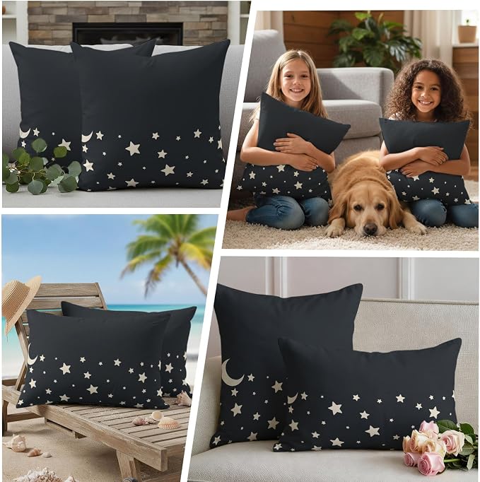Stars Moon Waterproof Outdoor Pillow Covers Set of 2 Home Decor, Starry Night Black Pillowcase Patio Pillow Covers for Couch Bench Patio Furniture Garden 16x16in