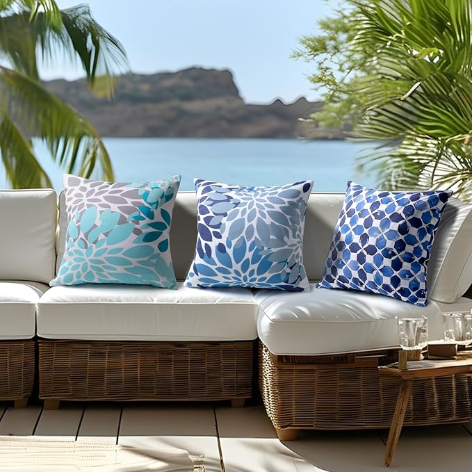 18x18 Waterproof Outdoor Pillows, Set of 2 Outdoor Throw Pillows | Patio Furniture Pillows, Fluffy Decorative Pillows, Waterproof &Fade Resistant, Removable & Washable, Blue White with Plaid