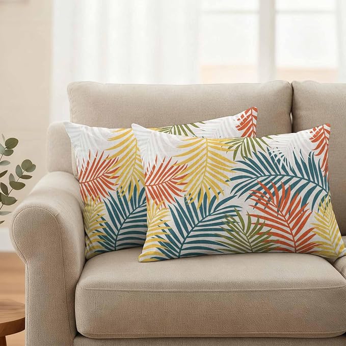 Outdoor Waterproof Throw Pillow Covers, Orange Green Yellow Palm Leaves Decorative Pillow Cases, Summer Botanical Tropical Leaf Couch Pillow Protector Patio Sofa Cushion Covers 20"x12" 2 Pack