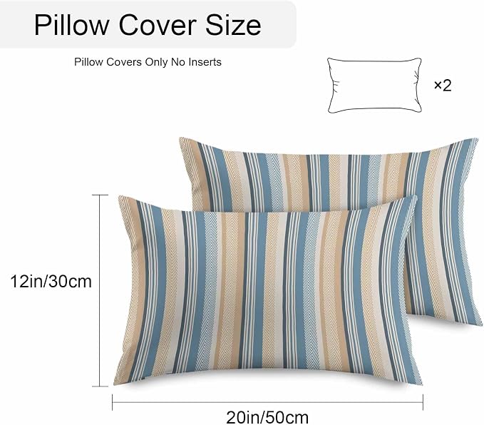 Blue Brown Beige Outdoor Pillow Covers 20x12 Inch Lumbar Pillow Covers Set of 2 Waterproof Decorative Throw Pillow Cases Boho Farmhouse Abstract Stripes Art Cushion Covers for Patio Furniture Garden