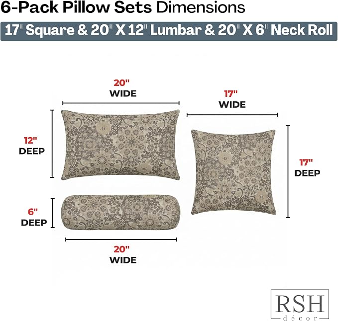 RSH DECOR: 6-Pack Pillow Set | Outdura Performance Fabric |Water & Fade-Resistant| 17" Square, 20"x12" Lumbar, 20"x6" Neck Roll | Outdoor Pillows for Patio Furniture | Made in USA (Marrakech Espresso)