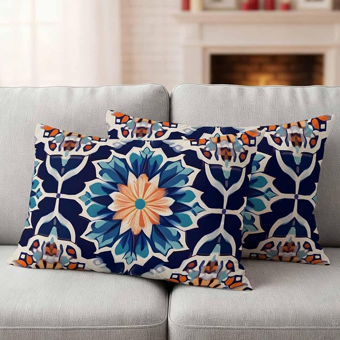Orange Blue Outdoor Pillow Covers 20x12 Inch Lumbar Pillow Covers Set of 2 Waterproof Decorative Throw Pillow Cases Morocco Boho Abstract Floral Ethnic Tribal Cushion Covers for Patio Furniture Garden