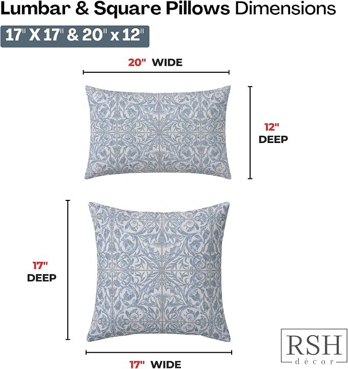 RSH DECOR: Sunbrella Lumbar & Square Pillows Set of 4 | 20" x 12" & 17" x 17" | Water and Fade-Resistant Performance Fabric | Outdoor Throw Pillows for Patio Furniture | Made in USA (Provincial Azure)