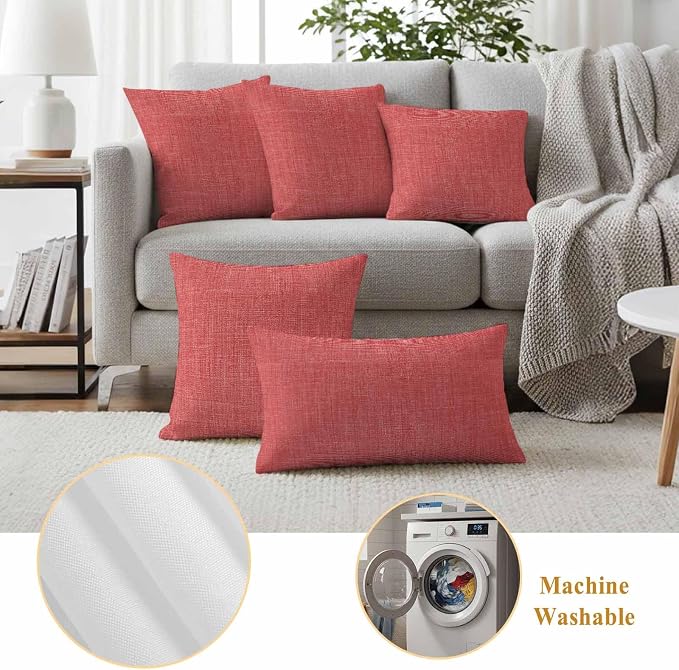 Outdoor Waterproof Throw Pillow Covers Set of 2 Coral Red Linen Pillowcases 16x16 Inches Farmhouse Pure Color Decorative Pillows Cushion Case Patio Pillows for Couch Bed Chair Garden